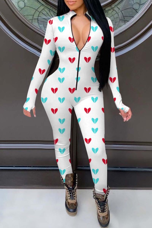 White Fashion Living Print Basic Zipper Collar Skinny Jumpsuits