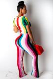 Red Casual Fashion Striped bandage Print Hollow Short Sleeve Jumpsuits