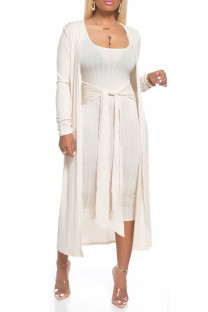 White Milk Silk Sexy Patchwork Solid Bandage pencil Long Sleeve Two Pieces