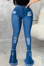 Blue Sexy Solid Ripped High Waist Boot Cut Denim