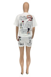 White Fashion Casual Print Basic O Neck Short Sleeve Two Pieces