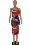 Red Sexy Fashion adult Spaghetti Strap Sleeveless Slip Step Skirt Mid-Calf Print backless Patc