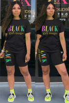 Black Fashion Casual adult Letter Patchwork Print Two Piece Suits pencil Short Sleeve Two Pieces