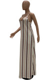 Navy Blue Casual Off The Shoulder Sleeveless Slip Swagger Floor-Length Print Patchwork