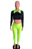 Fluorescent green England Solid Fluorescent Straight Long Sleeve Two Pieces