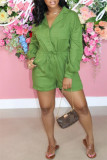 Green Fashion Casual Solid Basic Turndown Collar Regular Romper