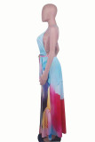 Red Fashion Sexy Print Backless Slit Spaghetti Strap Sleeveless Dress