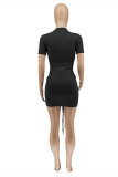 Yellow Fashion Solid Draw String O Neck Short Sleeve Dress