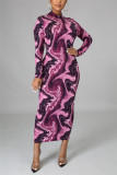 Red Fashion Casual Print Basic Half A Turtleneck Pencil Dresses