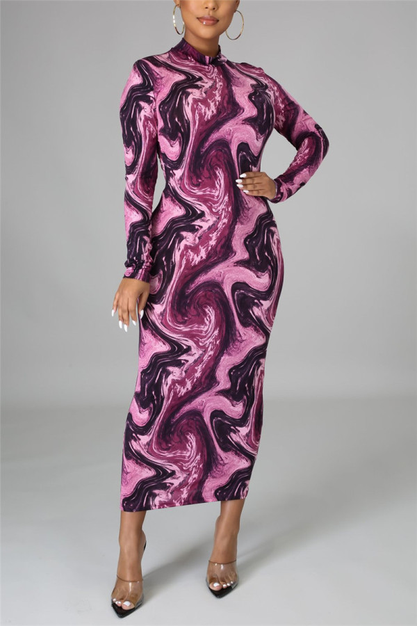 Red Fashion Casual Print Basic Half A Turtleneck Pencil Dresses