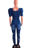 The cowboy blue Casual Solid Ripped Hollowed Out Patchwork Pocket Square Collar Skinny Jumpsuits