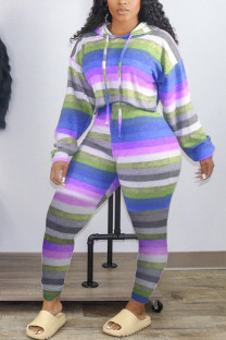 Blue Casual Striped Print Patchwork Draw String Hooded Collar Long Sleeve Two Pieces