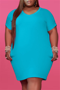 Light Blue Fashion Casual Plus Size Solid Basic V Neck Short Sleeve Dress