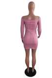 Pink Casual Solid Hollowed Out Off the Shoulder Pencil Skirt Dresses