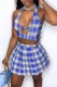 Blue Fashion Sexy Plaid Print Hollowed Out Backless Halter Sleeveless Two Pieces