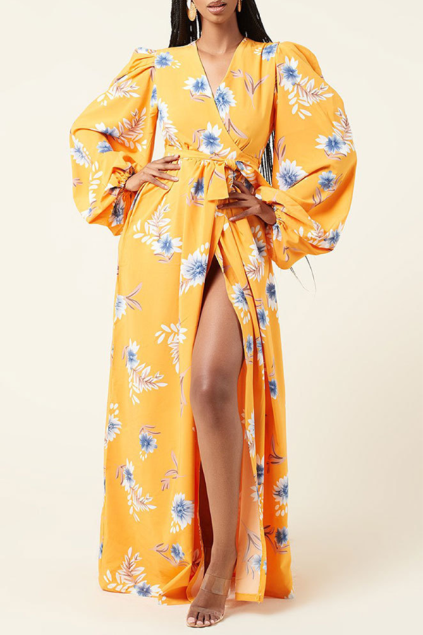 Yellow Sexy Print High Opening V Neck Irregular Dress Dresses