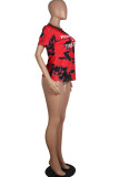 Red O Neck Short Sleeve Print
