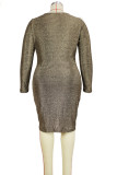 Gold Sexy Solid Patchwork V Neck Pencil Skirt Plus Size 