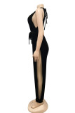 Blue Sexy Solid Bandage Slit Jumpsuits