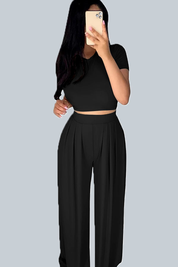 Black Casual Solid Patchwork O Neck Short Sleeve Short Two Pieces