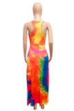Orange FashionOff The Shoulder Sleeveless O neck Step Skirt Ankle-Length Print Patchwork Tie and dye Dresses