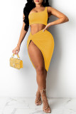 Red Fashion Sexy Solid Slit One Shoulder Sleeveless Two Pieces