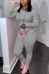 Grey Fashion Casual Adult Solid Pocket Hooded Collar Long Sleeve Regular Sleeve Regular Two Pieces
