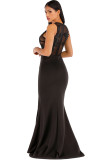 Black Sexy Tank Short Sleeves O neck Step Skirt Floor-Length Solid Club Dresses