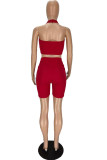 Red Sexy Solid Hollowed Out Backless Halter Sleeveless Two Pieces