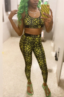 Yellow Fashion Sexy Printed Vest Trousers Set