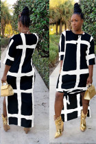 Black Fashion adult Sexy Cap Sleeve Half Sleeves O neck Swagger Ankle-Length split Print Patchwo
