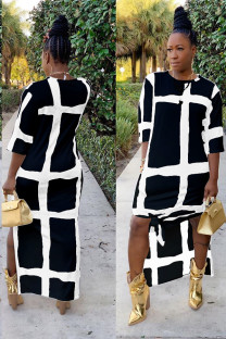 Black Fashion adult Sexy Cap Sleeve Half Sleeves O neck Swagger Ankle-Length split Print Patchwo