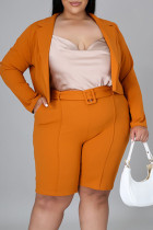 Tangerine Red Casual Solid Patchwork Turn-back Collar Plus Size Two Pieces