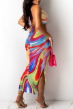 Brown Sexy Print Hollowed Out Halter Pencil Skirt Dresses