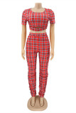 Red Fashion Casual Plaid Print Hollowed Out O Neck Short Sleeve Two Pieces
