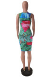 Green Fashion Sexy Print Basic O Neck Vest Dress