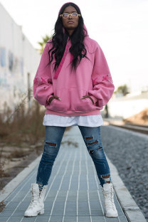 Pink hooded Patchwork Patchwork Long Sleeve Sweats & Hoodies