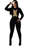 Black Elastic Fly Long Sleeve Mid Patchwork Sequin Print pencil Pants Two-piece suit