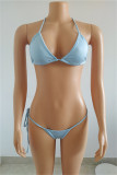 Light Blue Fashion Sexy Print Bandage See-through Backless Sleeveless Three-piece Set