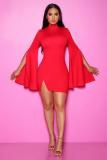 Black Fashion Sexy adult Bell sleeve Long Sleeves Turtleneck Step Skirt Mini split Patchwork Sol