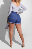 Blue Casual Solid Patchwork High Waist Regular Denim Shorts