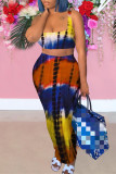 Yellow Sexy Casual Print Tie Dye Backless Square Collar Sleeveless Two Pieces