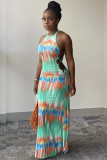 Green Milk. Fashion adult Ma'am Street Green Off The Shoulder Sleeveless Halter Neck Step Skirt Floor-Length Print Dresses