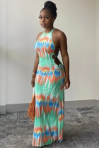 Green Milk. Fashion adult Ma'am Street Green Off The Shoulder Sleeveless Halter Neck Step Skirt Floor-Length Print Dresses