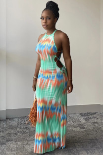 Green Milk. Fashion adult Ma'am Street Green Off The Shoulder Sleeveless Halter Neck Step Skirt Floor-Length Print Dresses