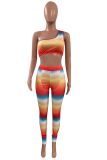 Tangerine Red Sexy Striped Patchwork O Neck Sleeveless Two Pieces