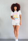 White adult Fashion Sexy Letter Solid Two Piece Suits Straight Short Sleeve