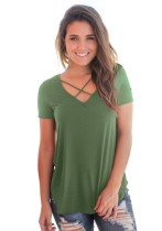 Army Green Fashion Casual Regular V-Neck Short Solid Regular Tees & T-shirts