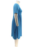 Blue Fashion Casual Plus Size Solid Basic O Neck Short Sleeve Dress (No Pocket)