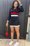 Black Casual Cap Sleeve Long Sleeves O neck Step Skirt skirt Solid Long Sleeve Dresses